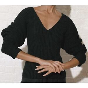 Mara Hoffman Olla Sweater Black Organic Cotton Ribbed Knit V Neck Womens Medium